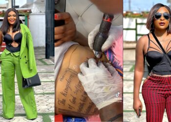 “You pay am?” – Reactions as Blessing CEO shares a video of her getting a bible verse tattooed on her stomach (VIDEO)