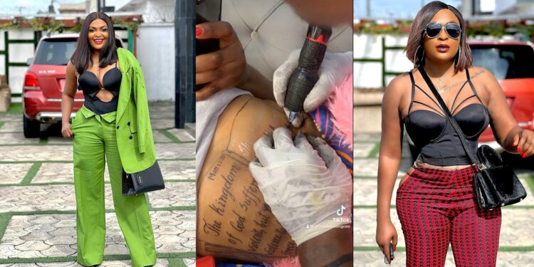 “You pay am?” – Reactions as Blessing CEO shares a video of her getting a bible verse tattooed on her stomach (VIDEO)