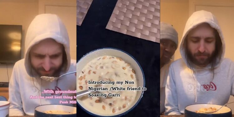 Nigerian lady introduces her white friend to drinking garri (video)