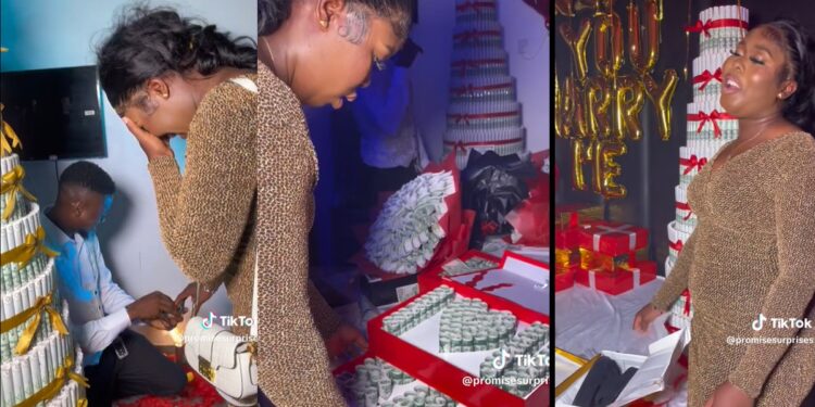 “How much they wan spend on wedding day?” – Reactions as man proposes to girlfriend with money bouquet and other gifts