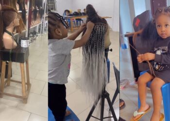 “This is very good ! Good job mummy” – Little girl braids hair at her mum’s saloon (VIDEO)