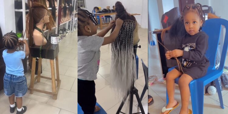 “This is very good ! Good job mummy” – Little girl braids hair at her mum’s saloon (VIDEO)