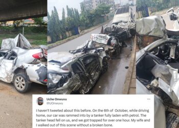 “My wife and I walked out of this scene without a broken bone” – Nigerian man shares how he and his wife survived a ghastly car accident (VIDEO)