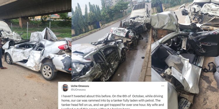 “My wife and I walked out of this scene without a broken bone” – Nigerian man shares how he and his wife survived a ghastly car accident (VIDEO)