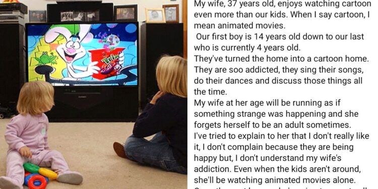 “Na last born you go marry” — Reactions as man laments out over his 37 year old wife watching too much cartoons