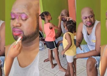 Heartwarming Video Goes Viral As Nigerian Dad Becomes A Model For His Daughters’ Makeup Skills (VIDEO)