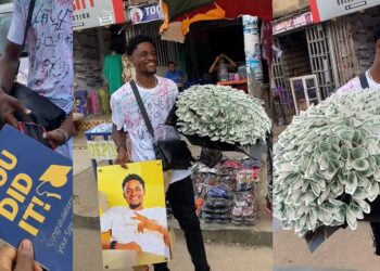 “Na man wey dey give dey collect” – Lady has netizens gushing after surprising her boyfriend during his sign out (VIDEO)