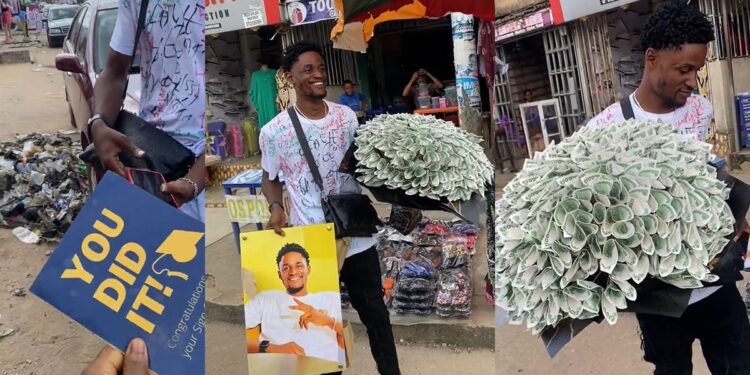 “Na man wey dey give dey collect” – Lady has netizens gushing after surprising her boyfriend during his sign out (VIDEO)