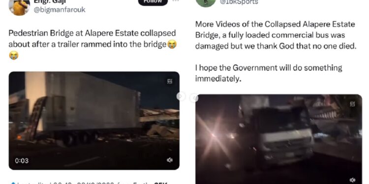 Pedestrian Bridge At Alapere Estate In Lagos Collapses, Motorists Advised to Seek Alternative Routes (VIDEO)