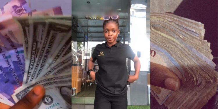 “Are you sure money can’t buy happiness” – Lady asks thought-provoking questions while displaying different currencies she has earned after she choose to be a waitress (VIDEO)