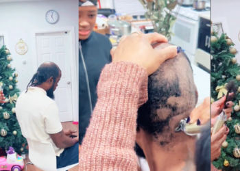 “Delilah is that you” – Reactions after lady cut off her husband’s dread (Watch)