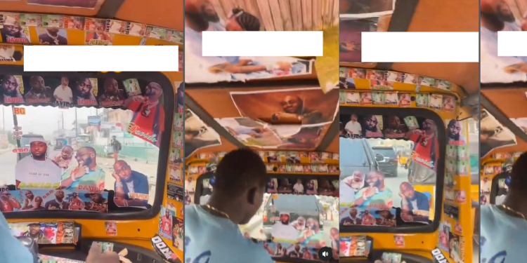 Best in fan! Keke Napep rider decorates his tricycle with every Davido sticker there is (VIDEO)