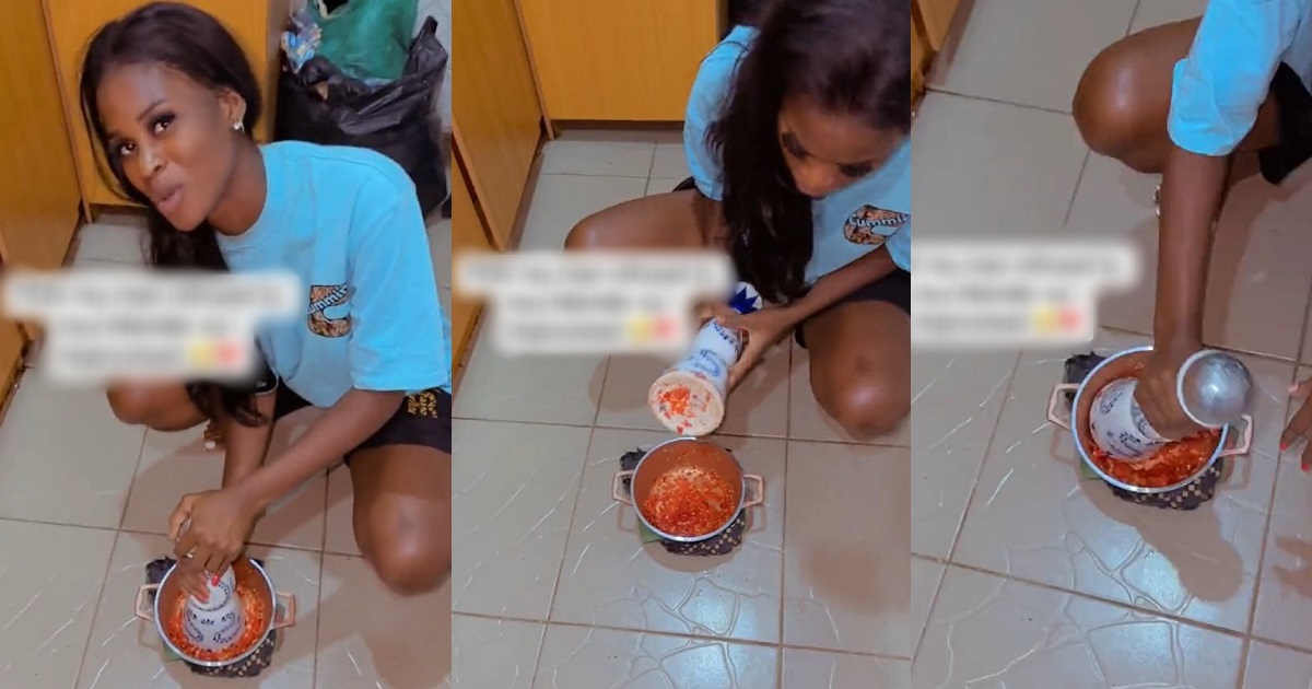 “He refused to buy blender” – Nigerian lady uses Azul bottle to blend pepper after her partner refused to buy a blender (VIDEO)
