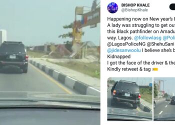 Man raises alarm after capturing a woman struggling to escape car during suspected k!dnapping in Lagos (WATCH)