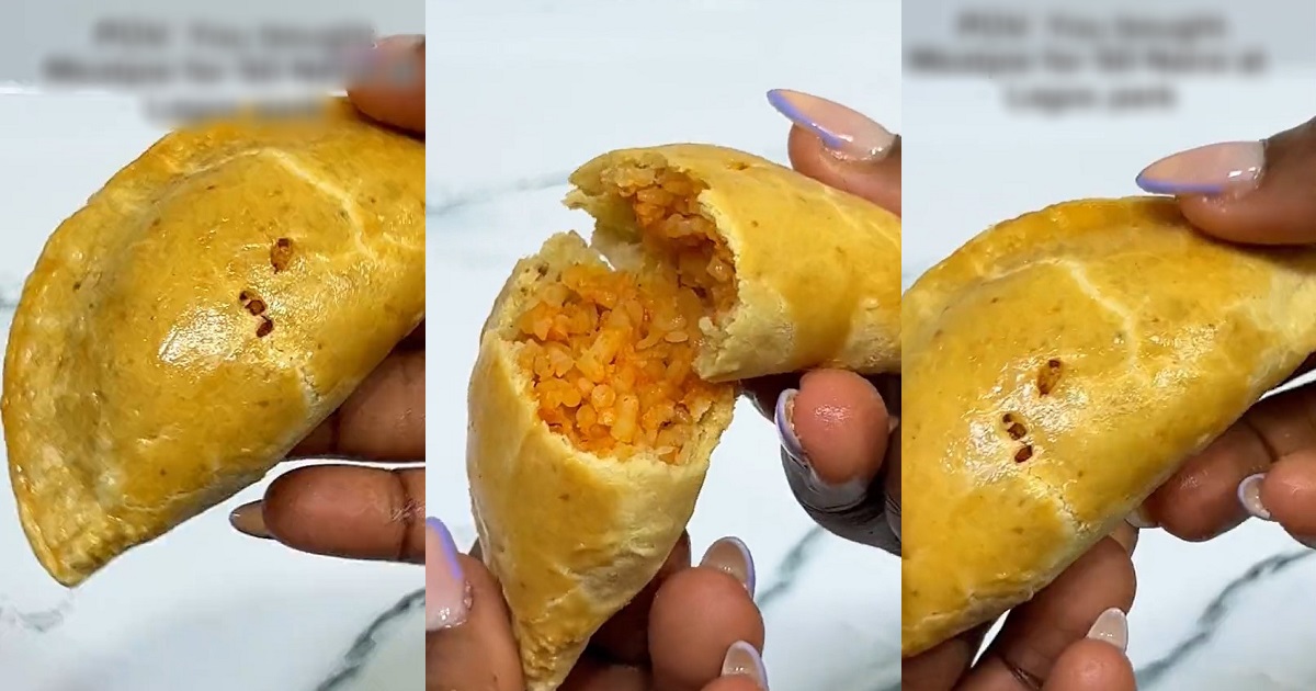 “Smokey jollof pie” – Confusion as Lady discovers jollof rice filling in her 50 naira worth of meat pie