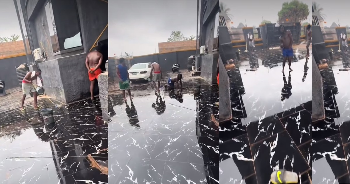 “Slippery tiles on exterior floor” – Netizens react after Nigerian men shows off the fancy tile in their compound