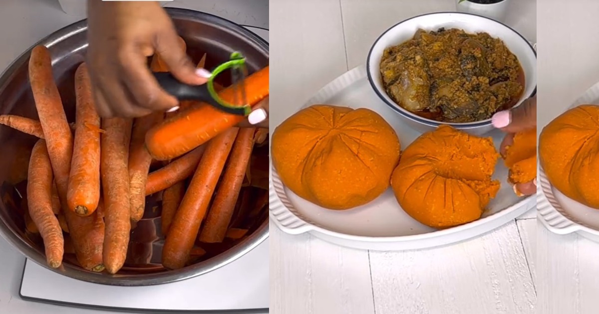“Carrot stew and now carrot swallow” – Nigerians in shock as chef prepare “Fufu” using carrots (WATCH)