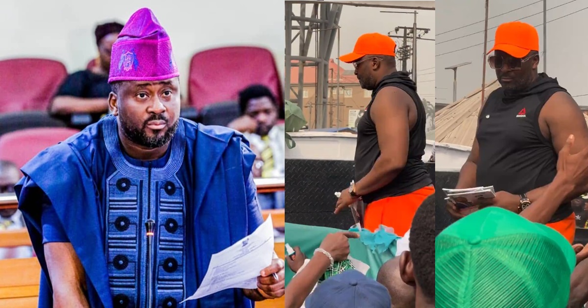 “People dey hungry una dey share perfume” – Netizens furious as Desmond Elliot gives out perfume on the streets of Lagos (WATCH)
