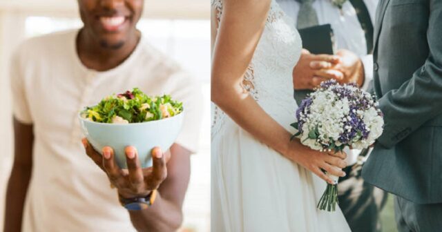 African young man holding a bowl of healthy salad smiling cheerful