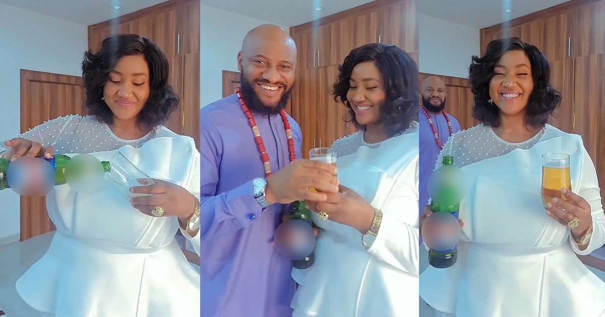 Nigerians react to video of Pastor Yul Edochie and his mummy G.O Judy Austin celebrating Valentine’s Day with a bottle of beer (VIDEO)