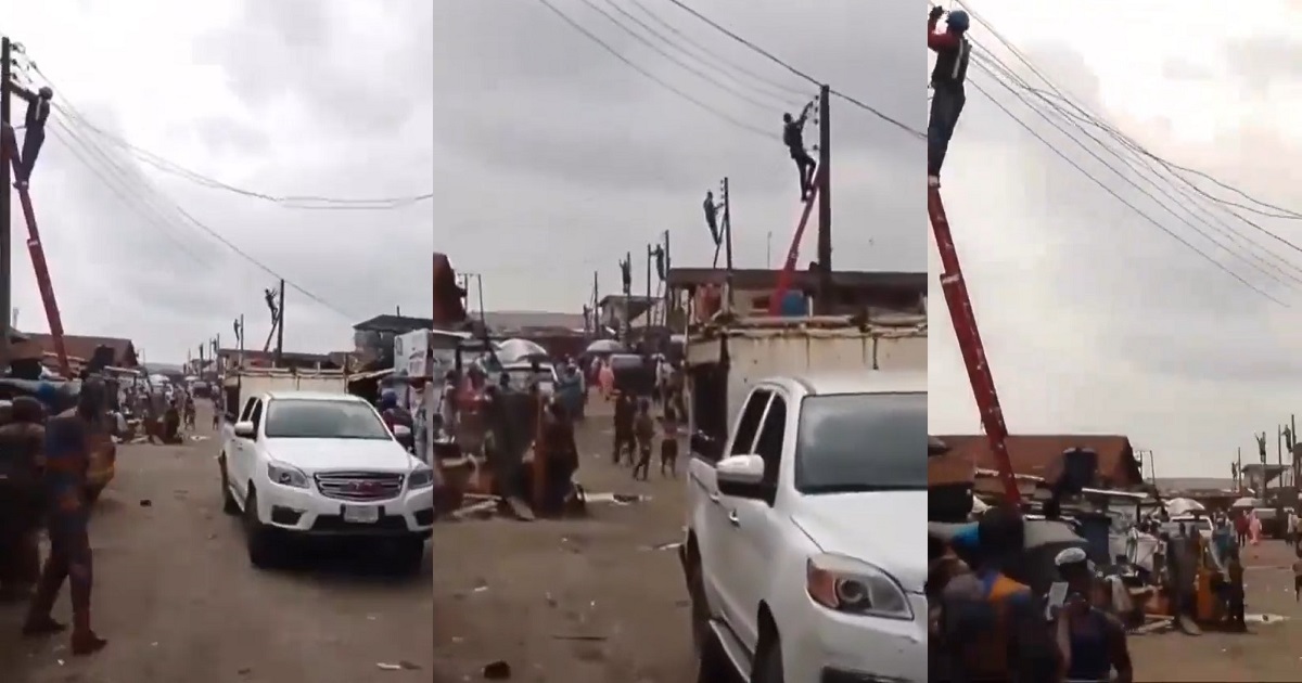 “Everybody should just go and buy candle” – Reaction as multiple electricity officials mount a street in Lagos State to disconnect their light