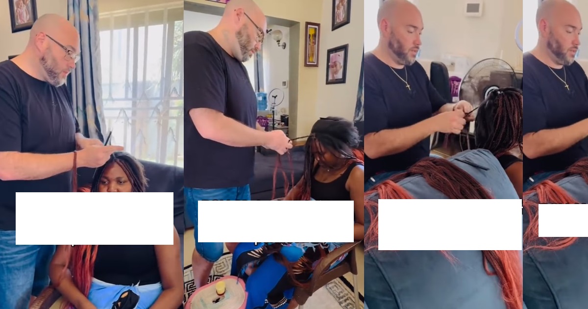 Heartwarming video of American man braiding his Ugandan wife’s hair (WATCH)