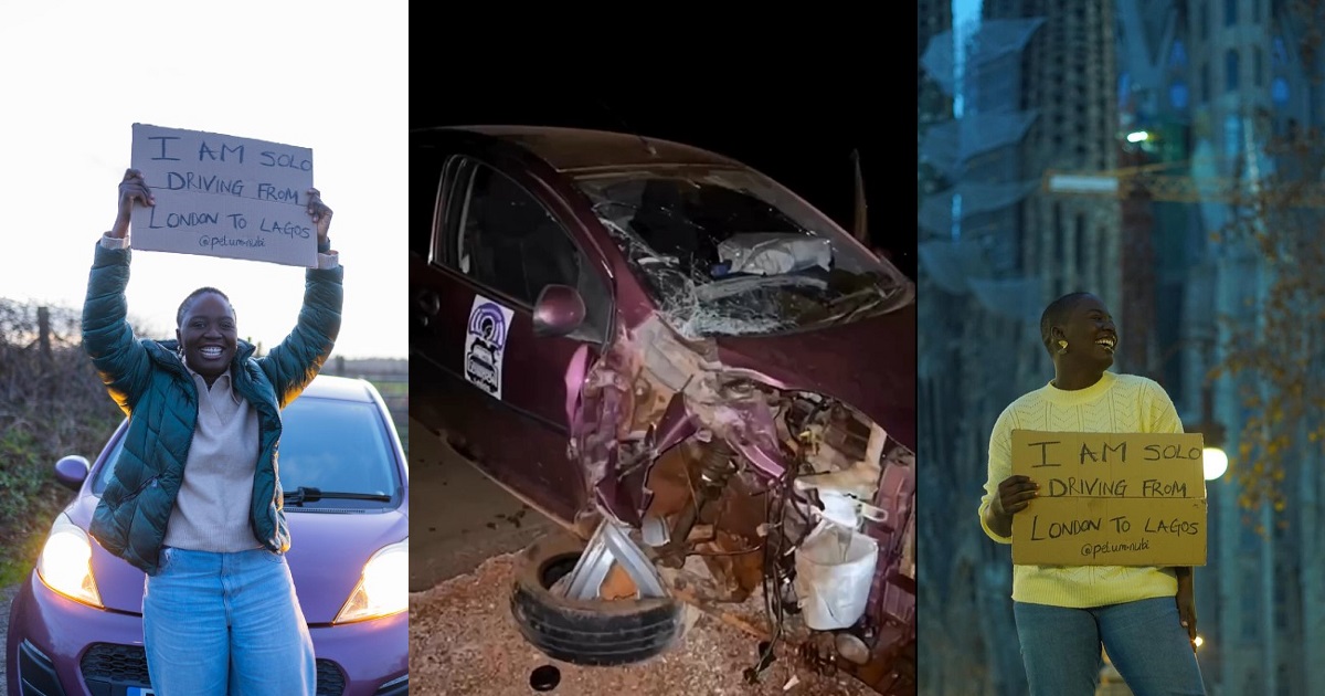 “Say a prayer for me” – Nigerian travel creator calls for prayers after being involved in an accident during her solo drive from London to Lagos (VIDEO)