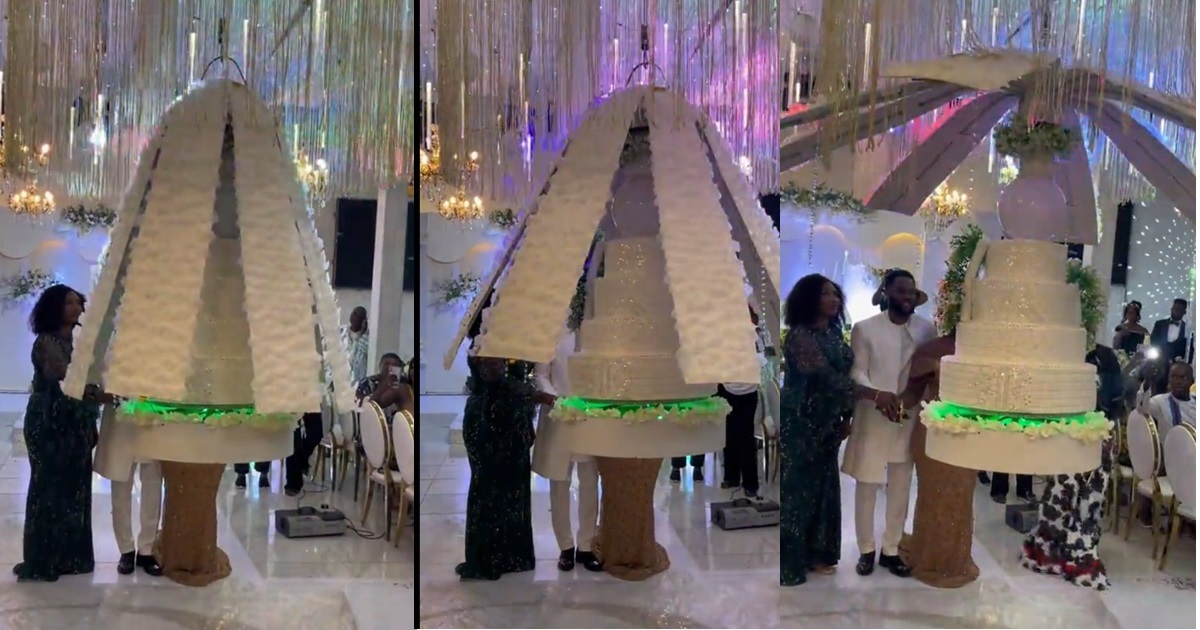 Flying wedding cake leaves many sh0cked as it descends from “heaven” and stands without support