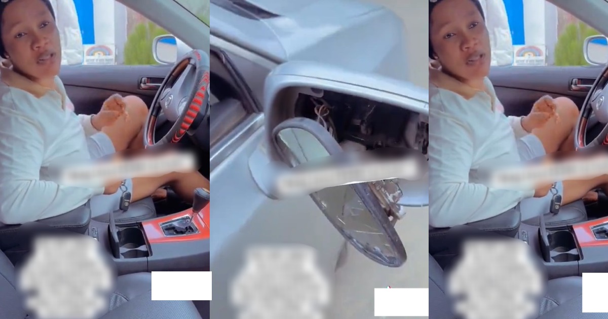 “She bash car, still dey v.ex” – Moment Nigerian lady blame her husband after bashing her expensive car (WATCH)