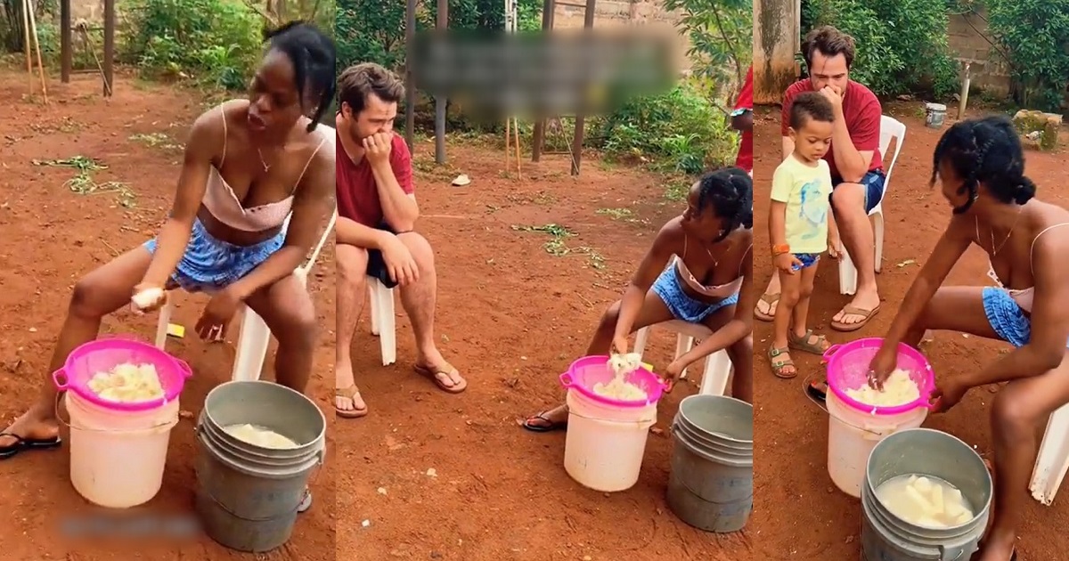 “Your fingers will smell for a week” – Caucasian man tells his Nigerian wife after she showed him how to make Fufu from scratch