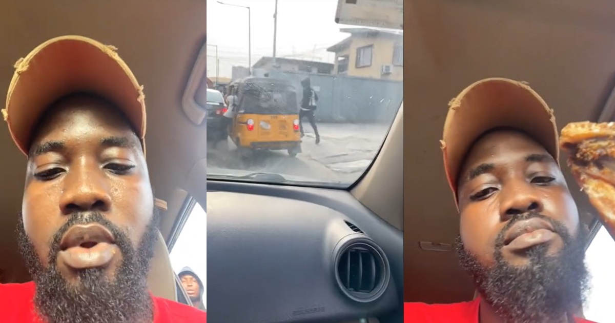 “Lagos is a wild place” – Shocking moment a young man’s chicken was snat.ched in traffic (WATCH)