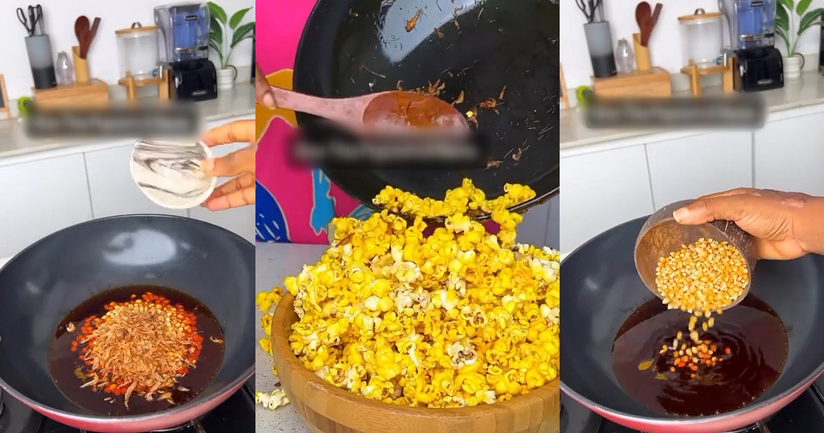 “You forgot to add iru and onions” – Reaction as lady makes popcorn with palm oil and crayfish