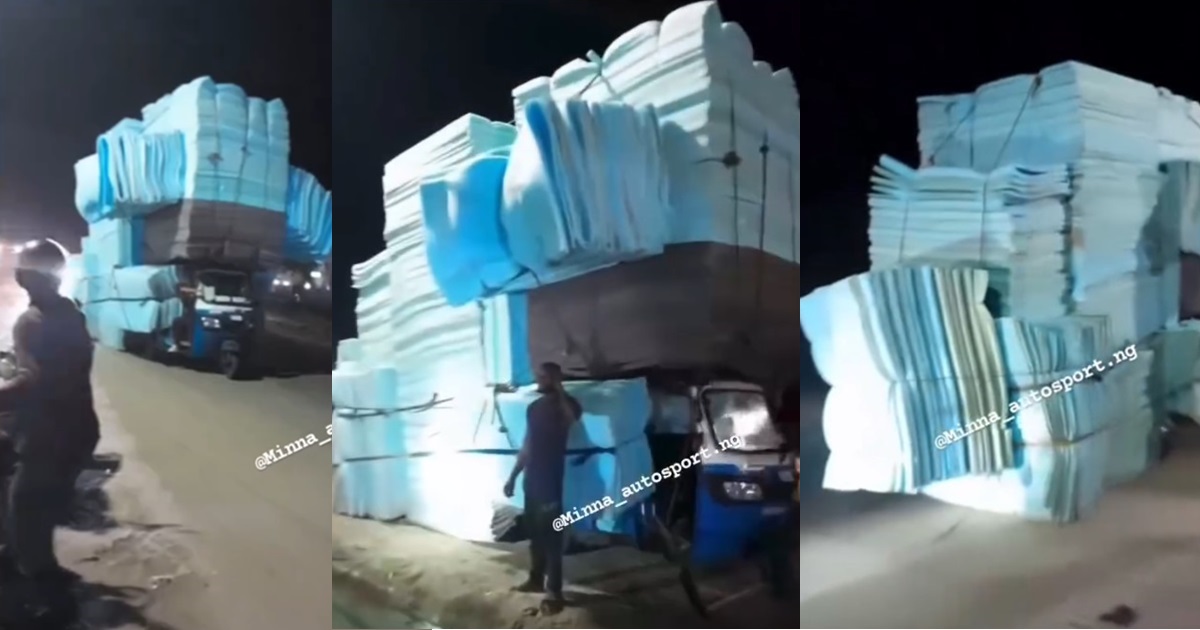 “Igbo men dey hustle” – Shock trails video of a man overloading foams on a tricycle (WATCH)