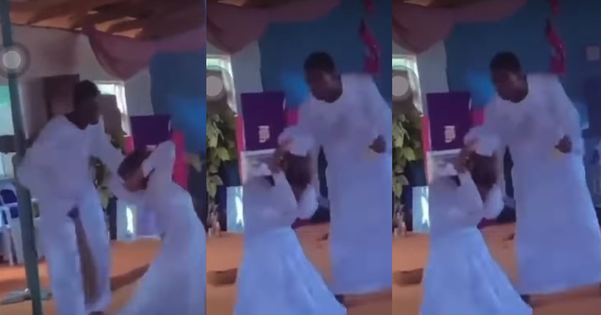 Video of pastor casting out the d€mon in his female member’s body with broom sparks reaction online (VIDEO)