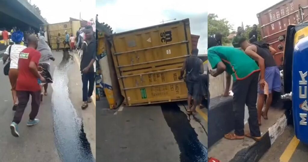 Moment a trailer carrying two 20ft containers falls on top of Liverpool ...
