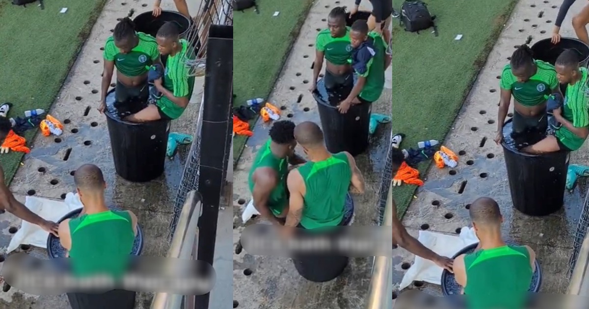“Na plastic rubber una dey use for Ice bath” – Nigerians lamǝnts over viral video of Super Eagles players having an ice bath after training (WATCH)