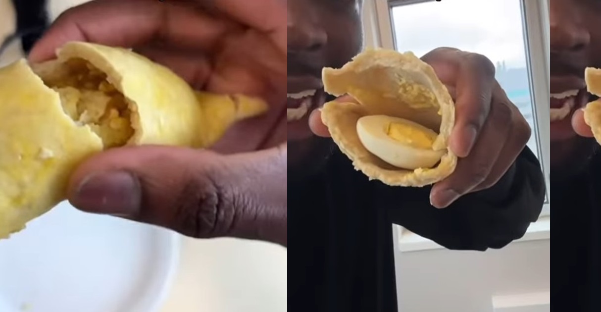 “Egg na meat?” – Hilarious moment man discovers fried and boiled egg inside meat pie  (VIDEO)