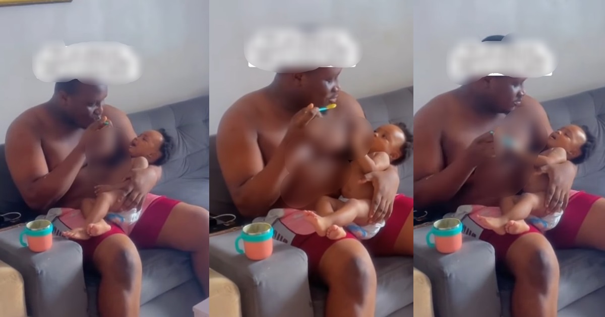 “The pikin sef shock” – Reactions As Nigerian Father Consumes His Baby’s Meal While Feeding The Toddler (WATCH)
