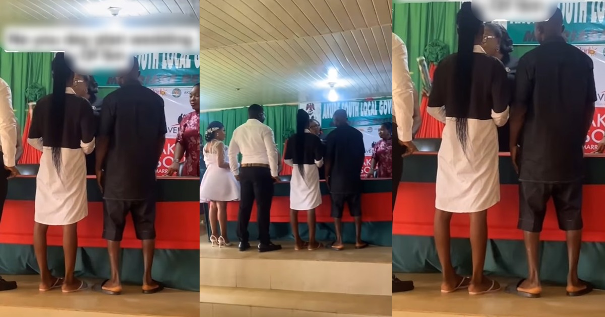 “Dey wed abi dey no wed” – Couple’s unique choice of outfit to their marriage registry stirs reaction online (WATCH)