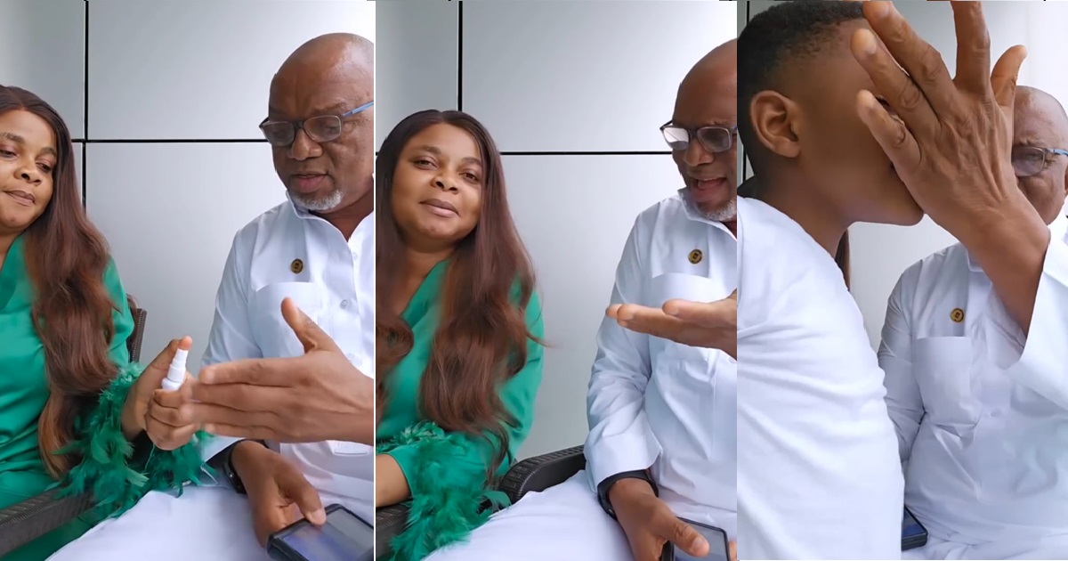 Hilarious moment Bimbo Ademoye played a fart spray prank on her dad on Father’s Day