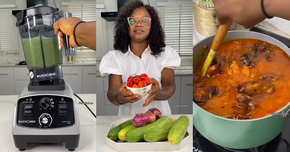 Lady makes tomato ‘powerless’ as she prepares a large pot of cucumber stew (VIDEO)