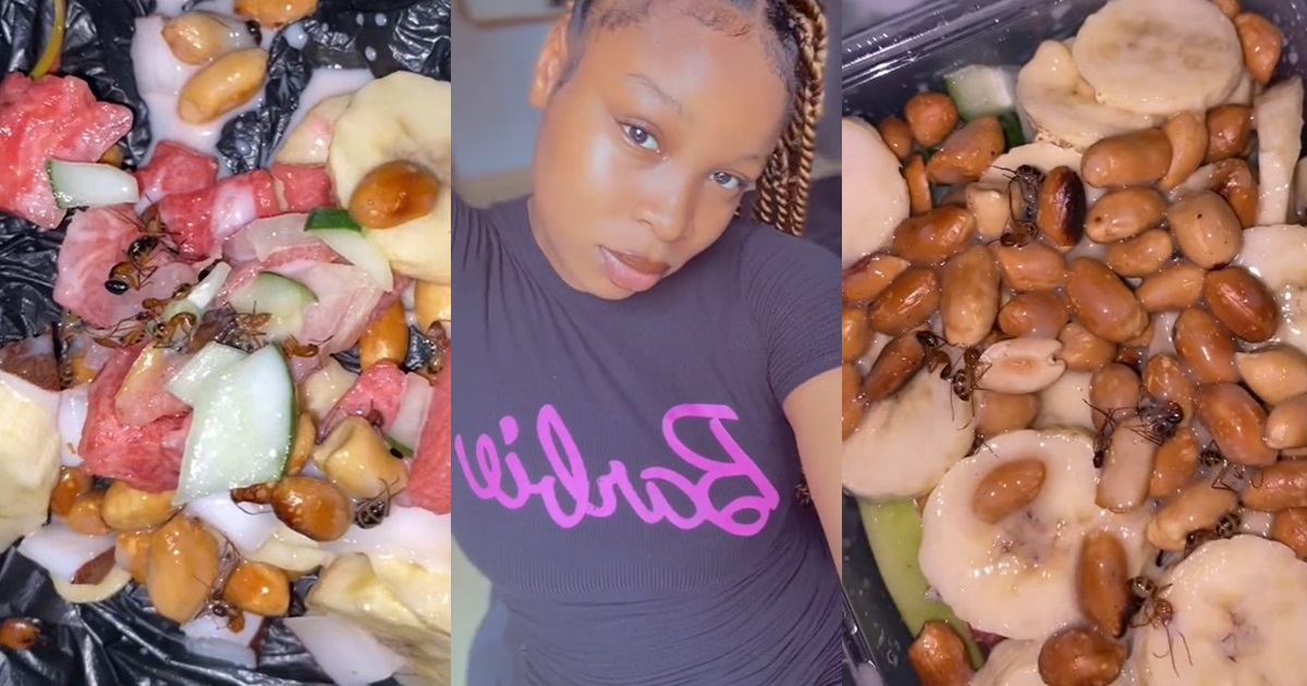 “na toppings e dey sweet eat am” – Nigerian lady cr!es out after discovering ants inside the fruit salad she ordered (VIDEO)