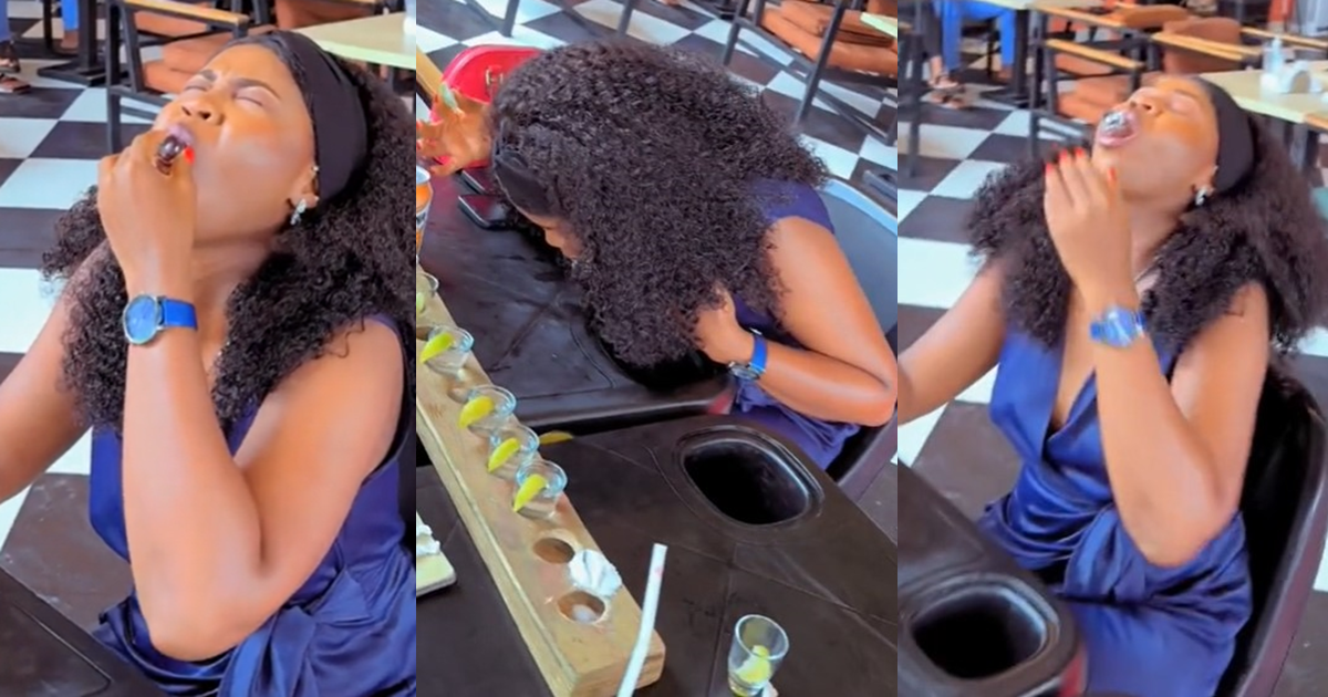 “Waetin i for tell my mama” – Nigerian lady fǝars as she almost swallowed a tot glass while creating TikTok content (WATCH)