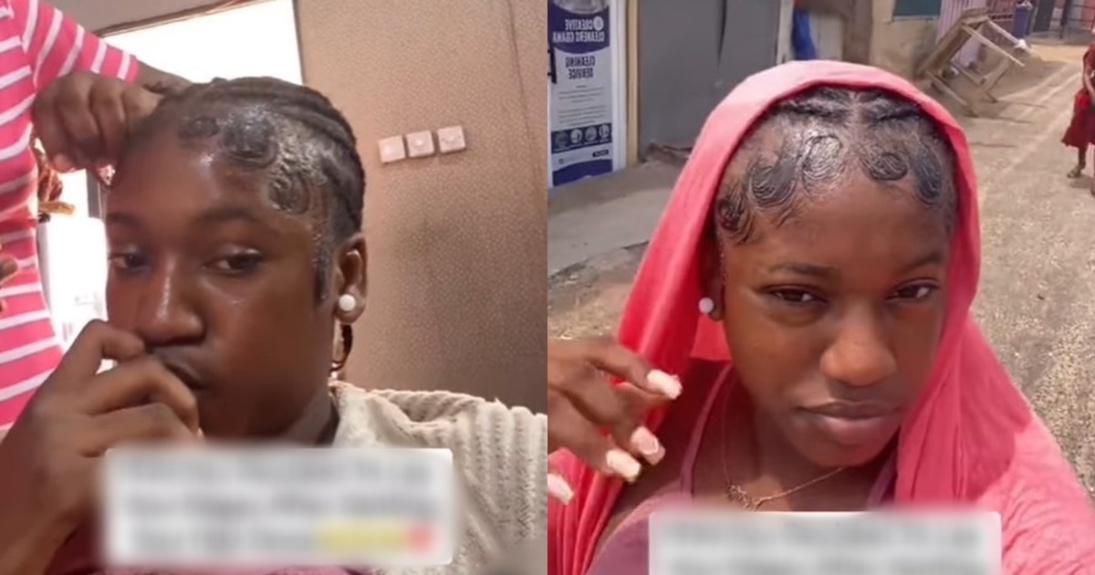 “Why did she draw mosquito coil” – Lady reveals the fascinating edges her hairdresser laid after weaving her hair (VIDEO)