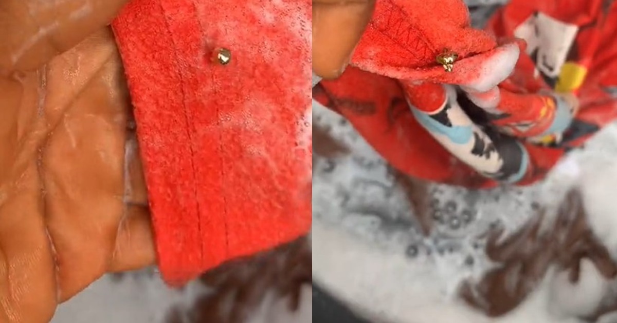 “See how her hand is shaking” – Worried lady seeks advice after discovering earrings on her boyfriend’s clothes while washing (WATCH)
