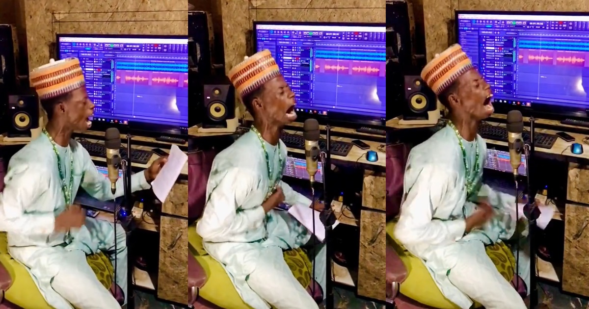 “To blow no easy” – Netizens react as Hausa upcoming artiste sings out his soul in the studio (Video)