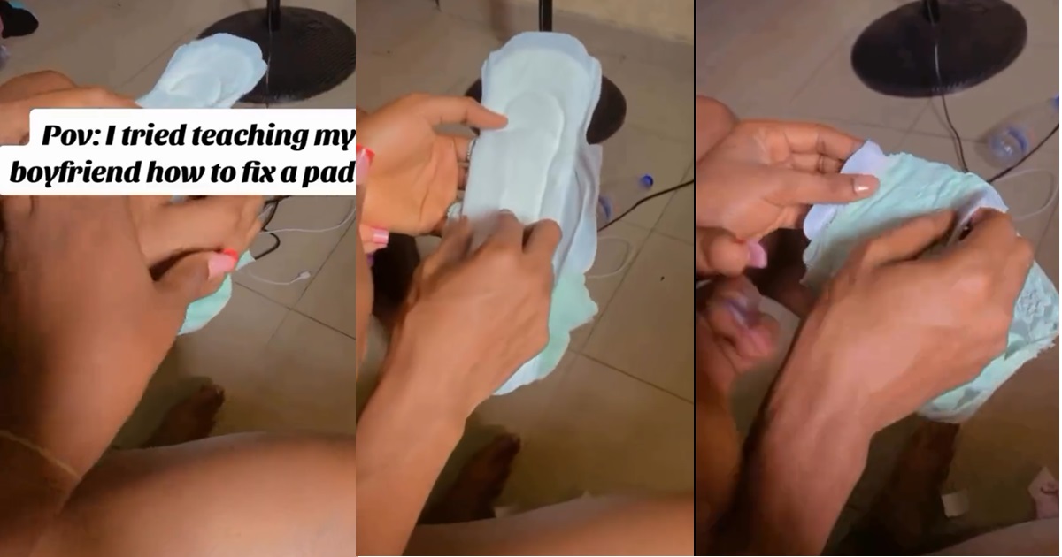 Lady melts netizens’ hearts as she teaches her boyfriend how to fix a pad (VIDEO)