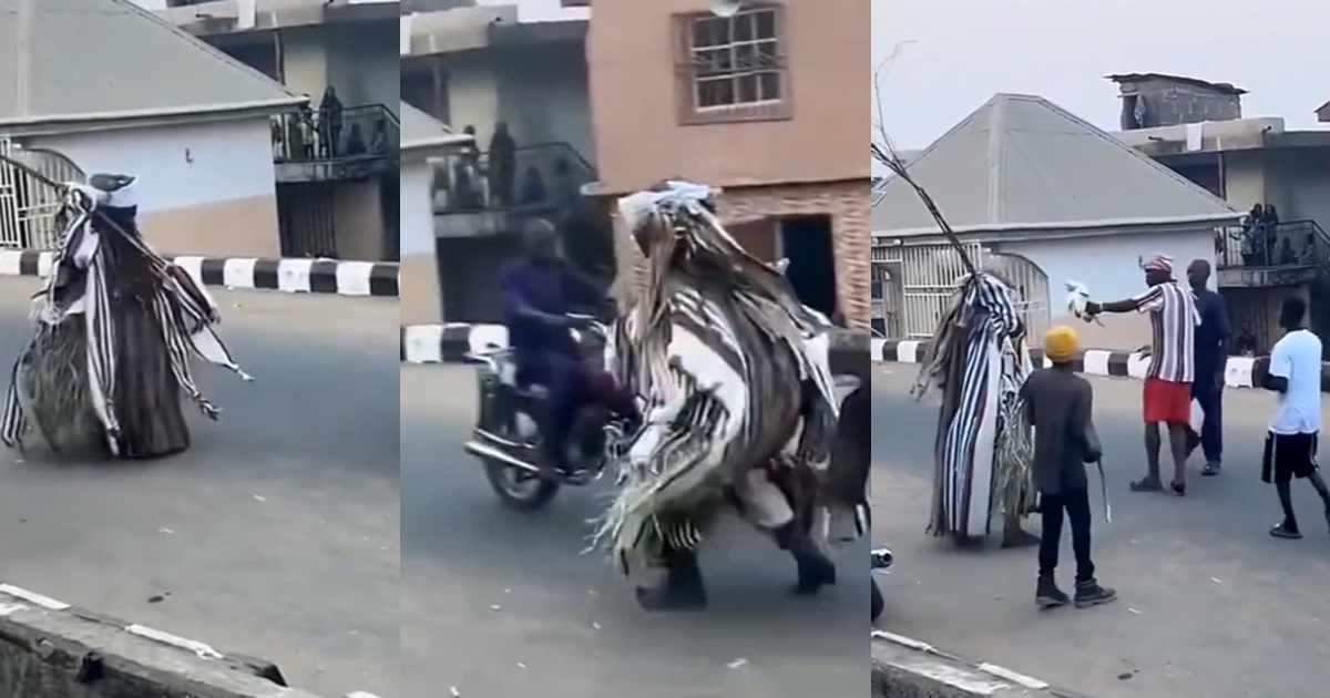 “He no believe in tradition” – Moment an “okada” man challenges a masquerade for flogging him (WATCH)