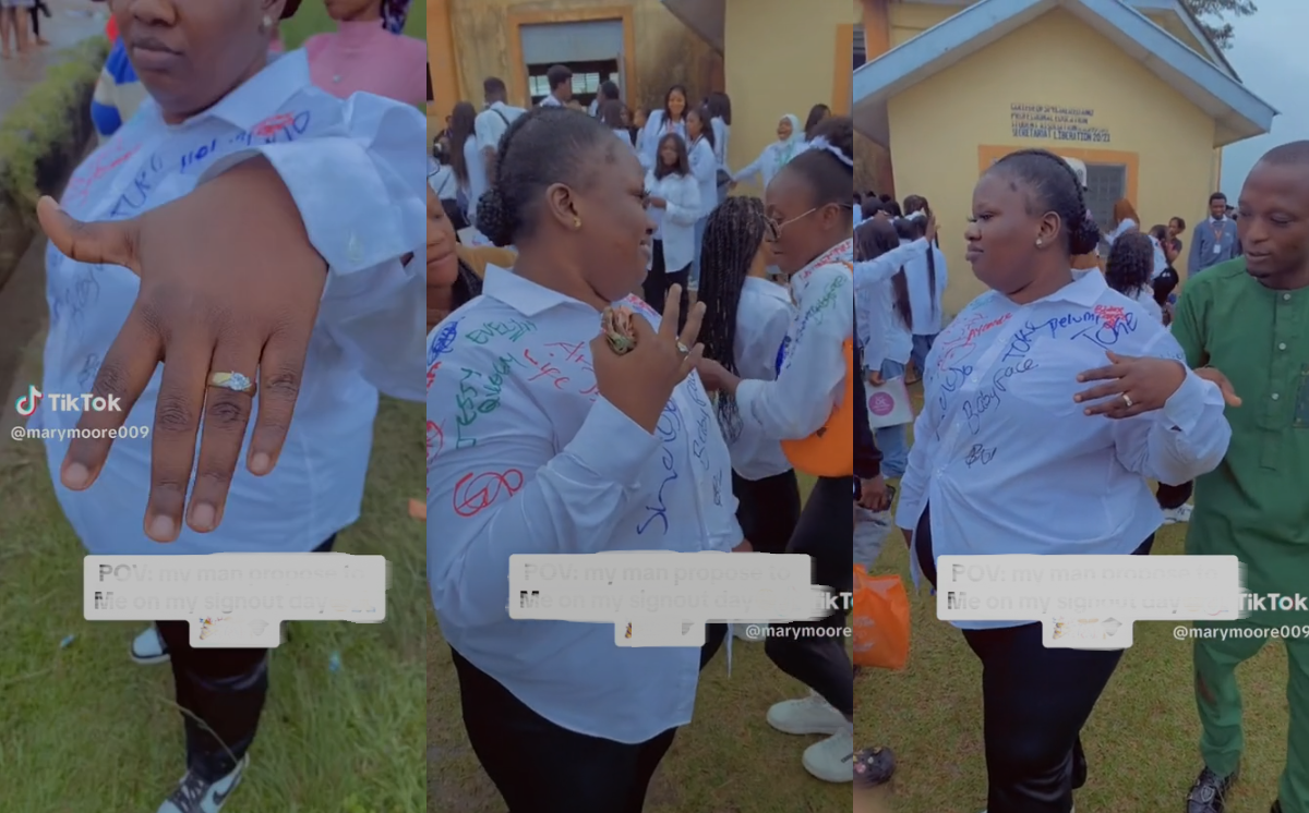 Drama Ensues After  A Nigerian Man Proposed To His Girlfriend On Her Sign-Out Day In Front Of All Her Peers (WATCH)