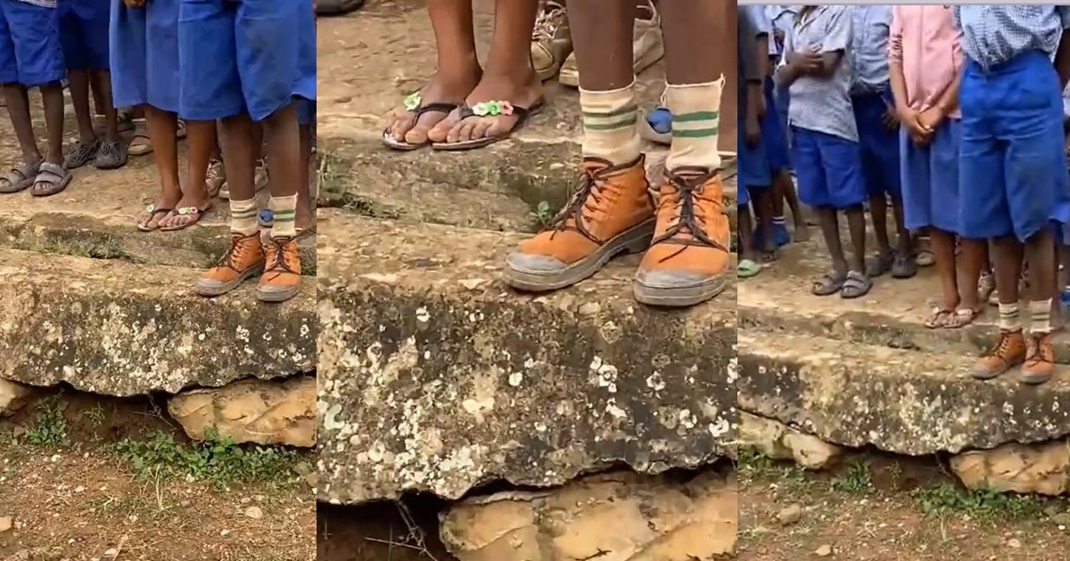 “Abeg leave am na inheritance” – Reaction as young boy, rocks NYSC boots to school (VIDEO)